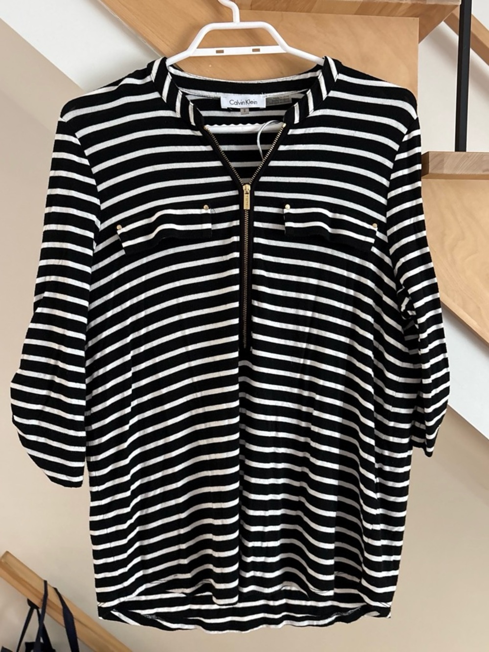 Calvin Klein Black & White Striped Half-Zip Long Sleeve Top